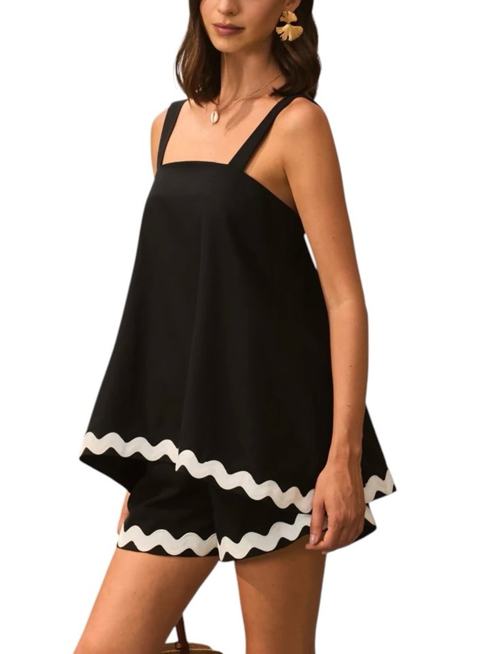 Commense Set Black Linen Blend Top Shorts Small NWT Wavy White Trim